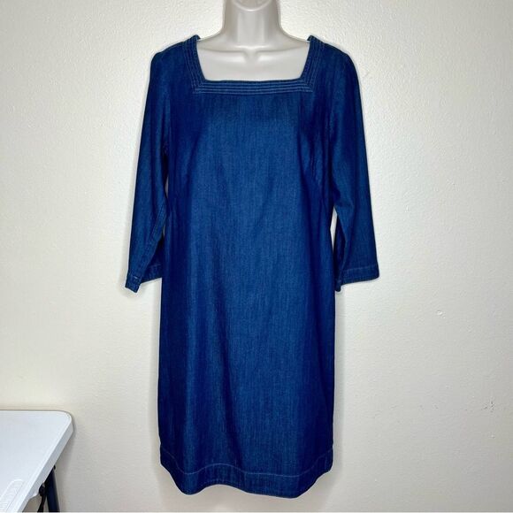 Talbots Square Neck Denim Shift Dress Blue Cotton Chambray 3/4 Sleeve Women 8 - Picture 13 of 13